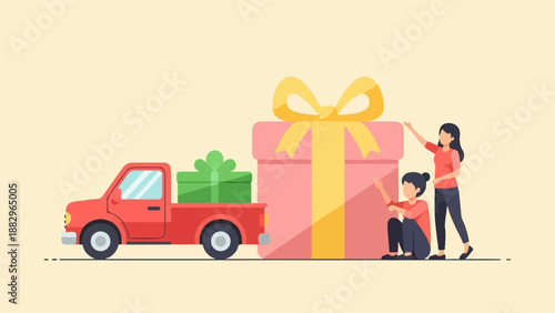 Red truck with gifts and two women next to a large gift box