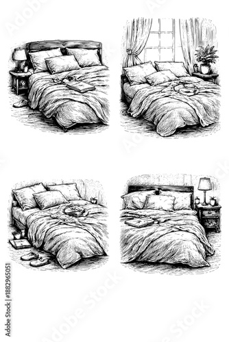 Vector illustration featuring hand-drawn cozy, unmade bedroom scenes with beds, pillows, rumpled duvets, bedside tables, lamps, and various items, great for interior design