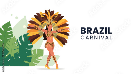 Brazilian carnival dancer in a magnificent yellow and brown feather costume performing against a lush tropical leafy background.