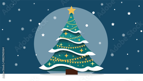 Beautifully decorated christmas tree standing in a snowy night landscape under a starry sky with many falling white snowflakes.