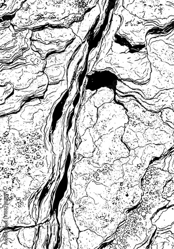 Abstract vector graphic showcasing a dynamic distressed texture with deep, organic cracks and granular details, creating a compelling grunge background or overlay element