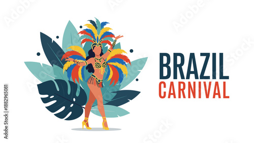 Vibrant Brazil carnival poster featuring a beautiful dancer in a colorful feather costume with tropical palm leaf decorations.