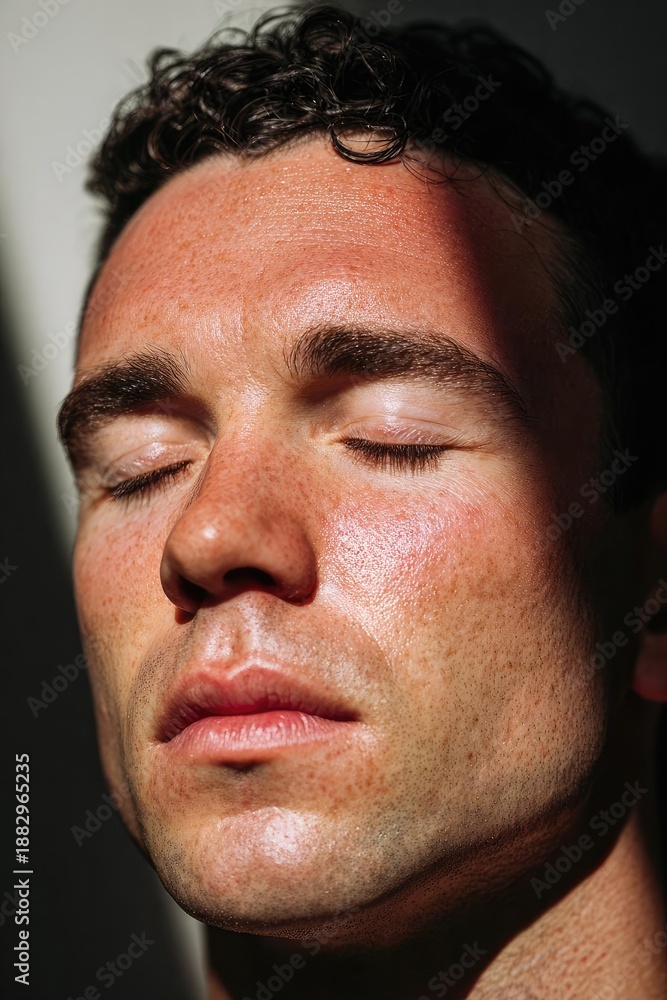 Obraz premium Close-up of a man with eyes closed, sunlit freckled skin, light stubble, and a calm, relaxed expression. Concept Close-up Portrait, Freckled Skin, Light Stubble, Sunlit Lighting, Calm Expression