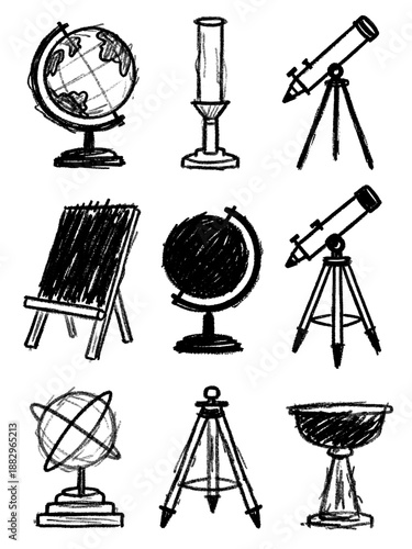 Hand-drawn vector collection of scientific instruments and educational tools, including globes, telescopes, and measuring devices, in a bold black and white sketch art style