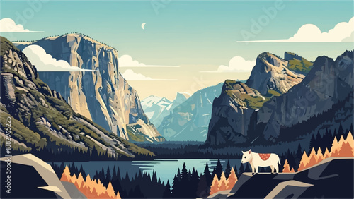 Pixelated mountain landscape with a lake, trees, and a white goat