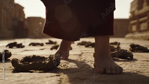 Monk Walks Barefoot Across Stone Courtyard with Scattered Offerings in Warm Sunlight