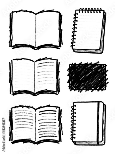 A collection of hand-drawn sketch-style vector illustrations featuring various books and notebooks, perfect for education, reading, and learning graphic design elements
