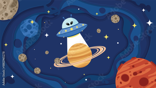 Fun space illustration with a flying saucer UFO abducting a ringed planet surrounded by asteroids and other colorful planets.