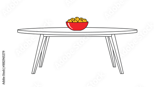 Simple line drawing of a large oval wooden dining table with a bright red bowl full of yellow fruit placed on the center.