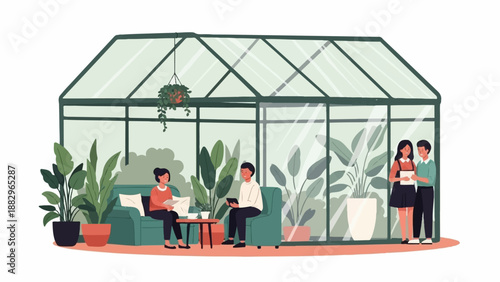 People relaxing and working in a bright, plant-filled greenhouse