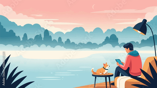 Person with dog relax near water with lamp