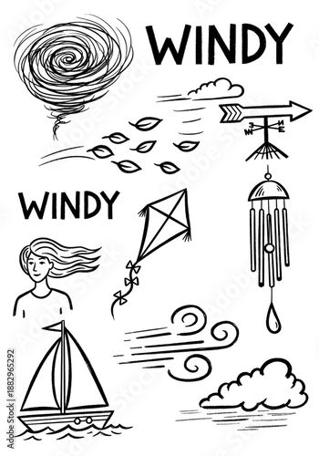 Hand-drawn vector graphic showcasing windy weather elements: whirlwind, leaves, kite, weathervane, sailboat, and a person, all rendered in a black and white sketch art design