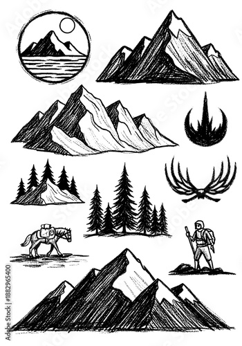 A collection of hand-drawn vector elements for outdoor adventures, featuring rugged mountain peaks, dense pine forests, a hiker, and a packed horse in a textured, sketch-like graphic style