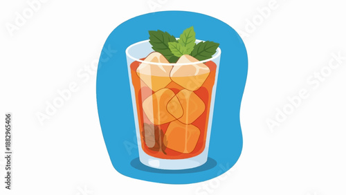 Refreshing iced tea with ice cubes and mint leaves in a tall glass