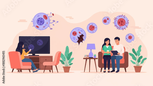 People watch viruses on television and discuss them indoors