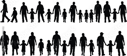 Silhouettes of families and children walking together holding hands family
