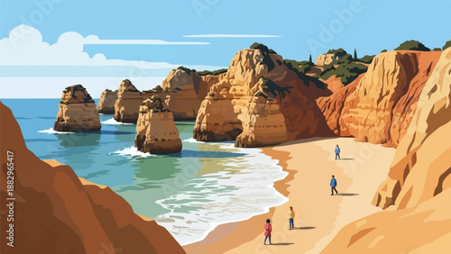 Pixel art beach scene with rugged cliffs, turquoise water, and scattered people