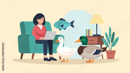 Person with laptop, ducks, and fish in a surreal indoor scene