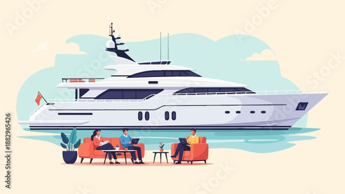 People relax on sofas in front of a large yacht on the water