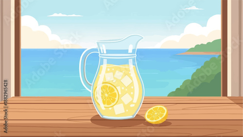 Refreshing lemonade in a pitcher by a serene ocean view, framed by a window