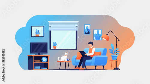 Person with laptop and cat relaxing in a room with plants and tv