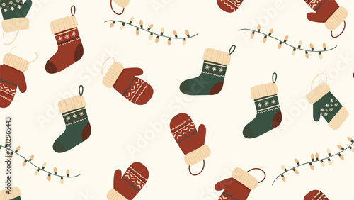 Cozy christmas pattern with festive stockings, mittens, and warm glowing string lights on a cream-colored background.