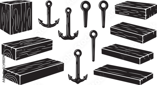 Black and white illustration of wooden planks and anchors