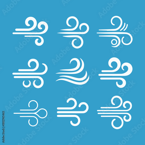 Wind symbols illustration set on blue background with dynamic curves