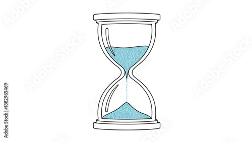 Classic hourglass with blue sand flowing through to the bottom bulb in a simple black and white line art illustration.