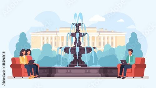 People relax on sofas by a fountain in front of a grand building