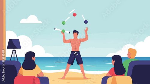 People relax on beach chairs watching a man juggle on the sand by the sea