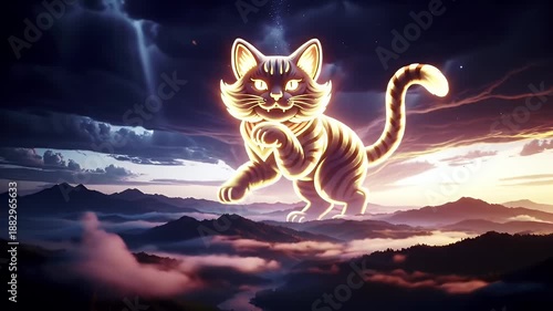 Mystical Glowing Cat Appears Above Misty Mountains Under Dramatic Stormy Sky at Dusk