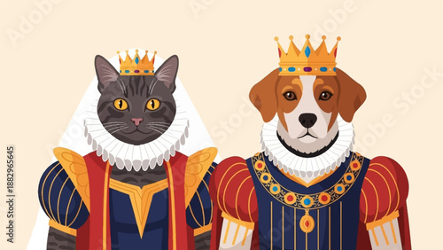 Regal cat and dog portrait, dressed in royal attire, crowns