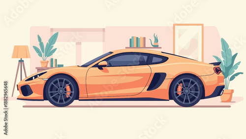Pixelated orange sports car parked indoors with plants and furniture