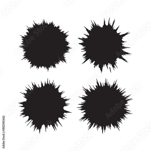 Four grungy black circles with spiky edges on white background