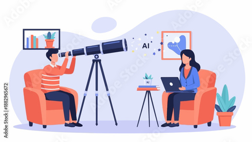 Person with telescope looking at AI, another person on laptop