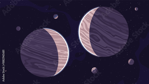 Captivating cosmic scene shows two large textured planets orbiting in a vast dark space filled with distant stars and many small moons.