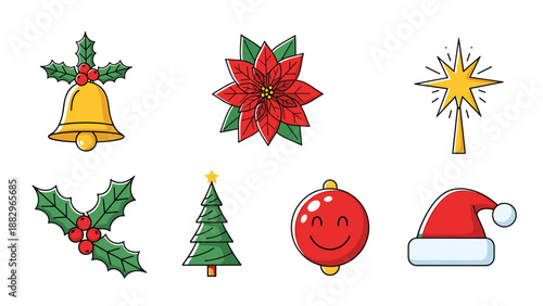 Comprehensive set of festive Christmas icons includes a bell poinsettia flower star tree holly bauble and a classic red Santa hat.