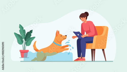 Person with tablet watches dog playing in water splash, green plant nearby