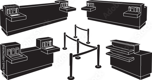 Cashier checkout counters and queue barrier lines illustration set