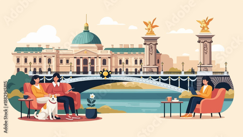 Relaxing by a grand cityscape bridge with people and a dog