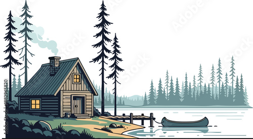 Serene wilderness scene featuring a rustic wooden log cabin nestled beside a tranquil lake with a canoe.