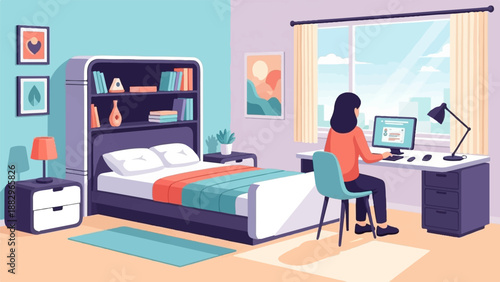 Person working on computer in cozy bedroom with large window