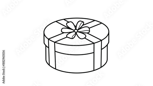 Simple line drawing of a round cylindrical gift box features a decorative ribbon and a large bow on top for birthdays or celebrations.