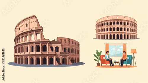 Pixel art depiction of the Colosseum and two people relaxing indoors