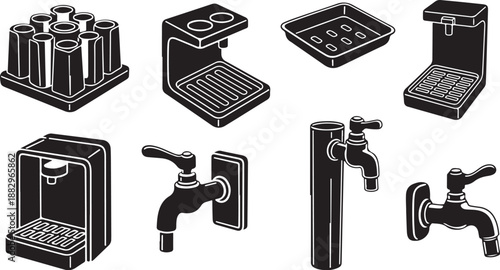 Black and white illustration of various beer tap systems