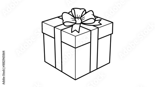 Minimalist line drawing of a square gift box tied with a decorative ribbon and a bow represents surprises and holiday seasonal presents.