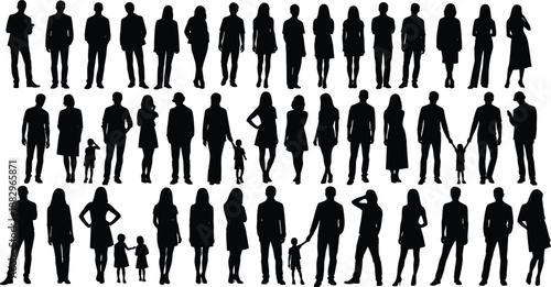 Diverse group of black silhouettes of men women and children standing and posing against white background