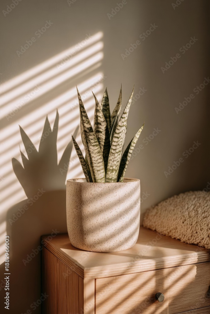 Fototapeta premium Snake plant in a speckled pot on a wooden nightstand, illuminated by diagonal sunlit stripes from blinds. Concept Snake plant, Wooden nightstand, Natural light, Sunlit diagonal stripes