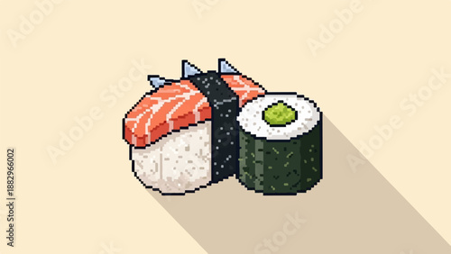 Pixel art depiction of two salmon nigiri and one avocado maki roll